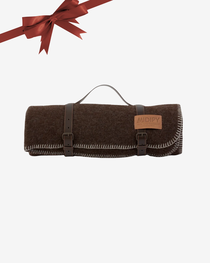 Chocolate Wool Throw with Leather Holder – Ecru Stitch